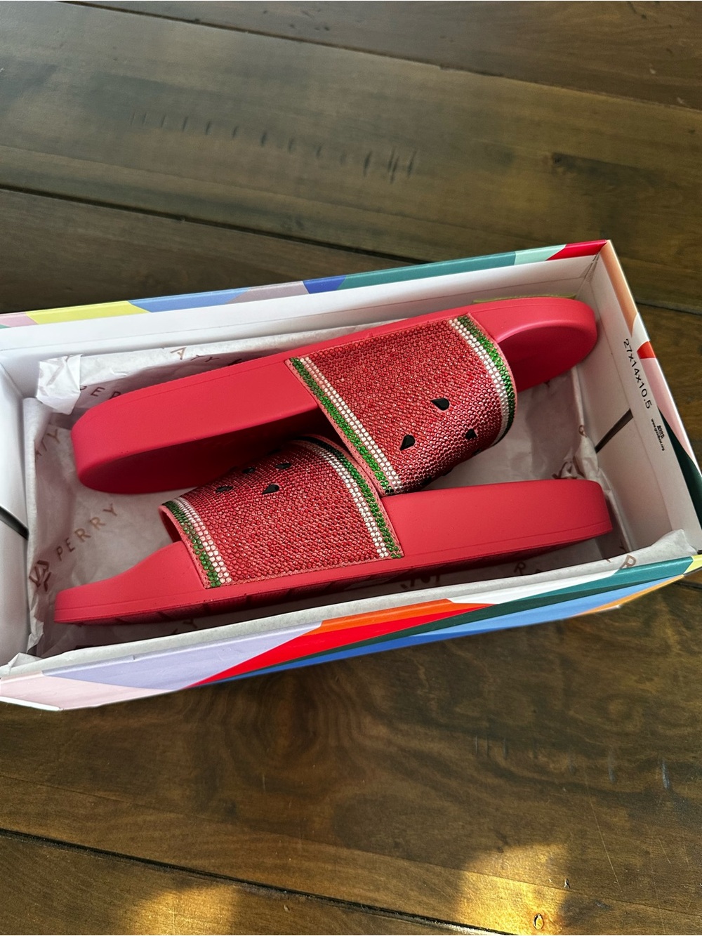 Katy Perry Collections Red Watermelon Slide Sandals with Green Trim - Picture 2 of 5
